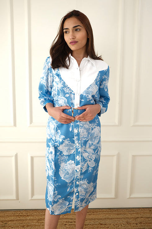 Blue White Formal Midi Dress